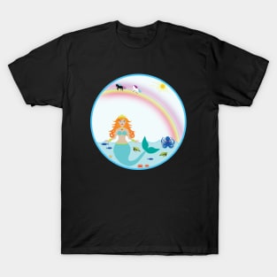 Mermaid in Sea with fish octopus crabs turtles unicorns and rainbow T-Shirt